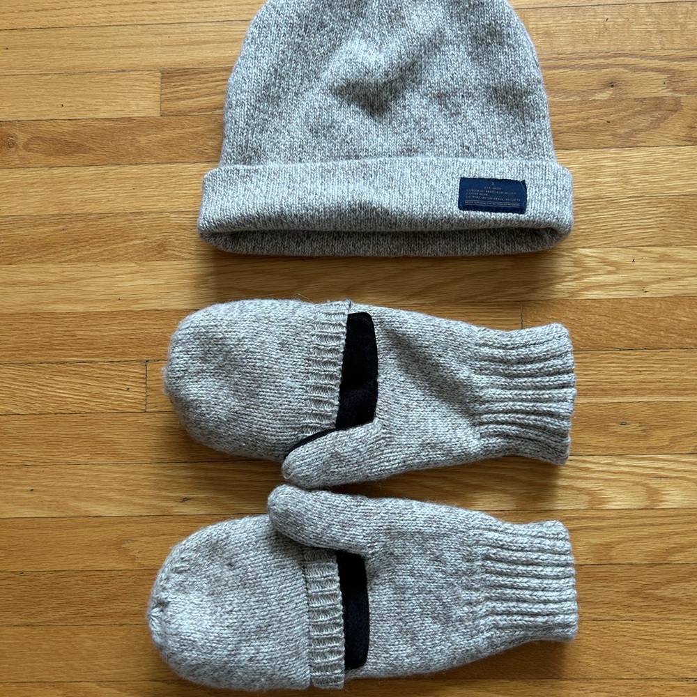 Heather Gray Knit Beanie and Mittens Set